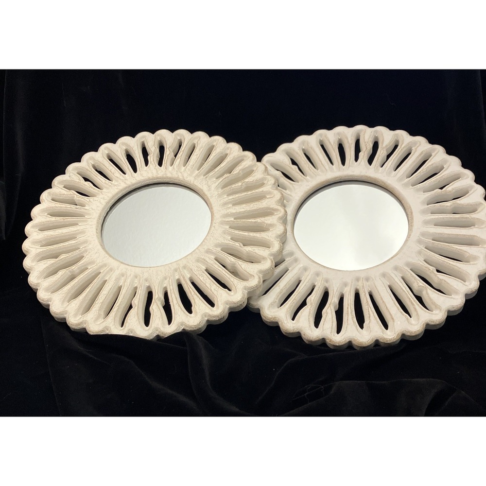 2 Antiqued White Distressed Rosin Decorative Accent Sunburst Wall Mirrors 10”
